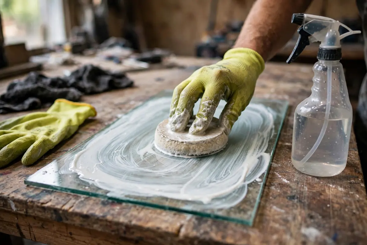 Polishing glass with cerium oxide slurry and a felt pad