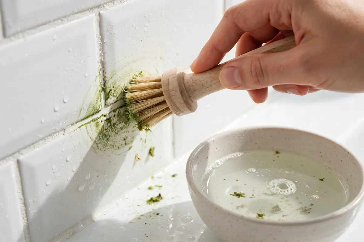 Cleaning mold from tile with white vinegar and a scrub brush