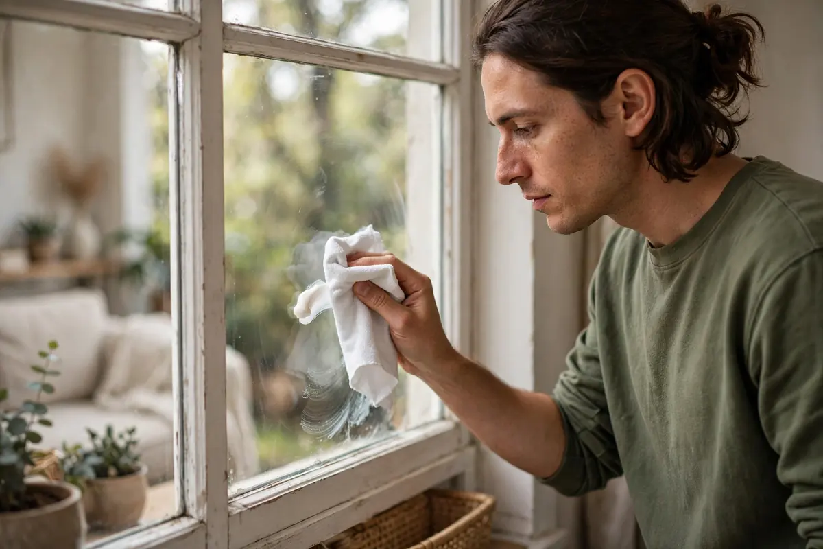 Buffing a light glass scratch with white toothpaste and a soft cloth