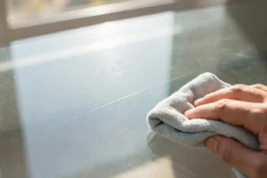 How to Remove Scratches from Glass Without Making Them Worse Light scratch on a glass tabletop being checked before polishing