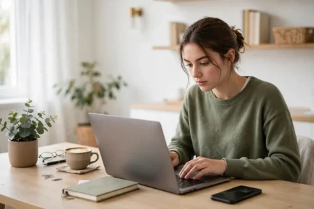 How to Stay Focused With Technology: Focus Modes, App Blockers, and Timers Person working at a tidy desk with a phone in Focus mode