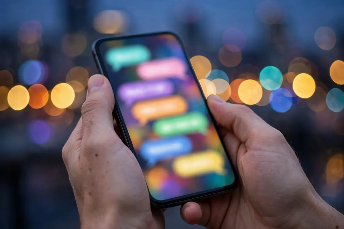 Hands holding a smartphone with chat message bubbles at dusk