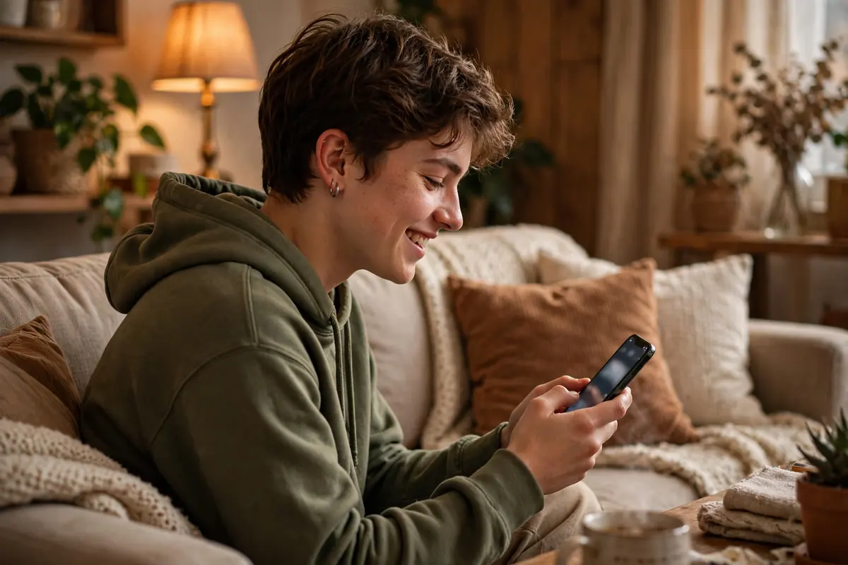 Person smiling while texting a friend on a smartphone at home