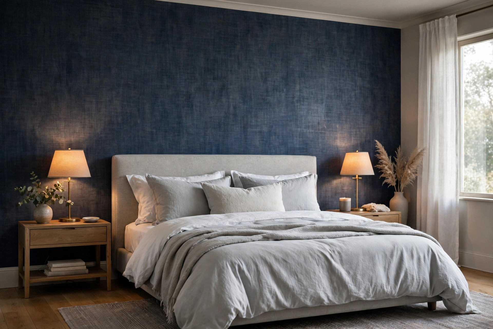 Bedroom with deep navy blue grey wallpaper behind the bed