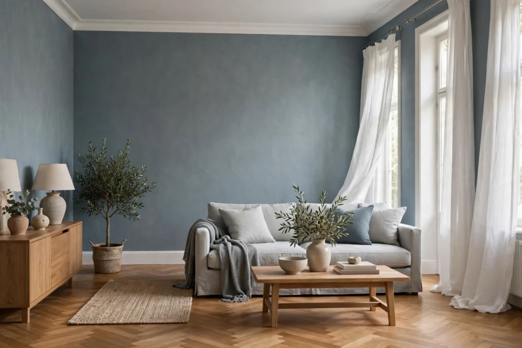 Plain Blue Grey Wallpaper: The Complete Guide to Shades, Finishes and Room-by-Room Styling Living room with plain blue grey wallpaper, a light grey sofa and white curtains