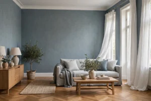 Plain Blue Grey Wallpaper: The Complete Guide to Shades, Finishes and Room-by-Room Styling Living room with plain blue grey wallpaper, a light grey sofa and white curtains
