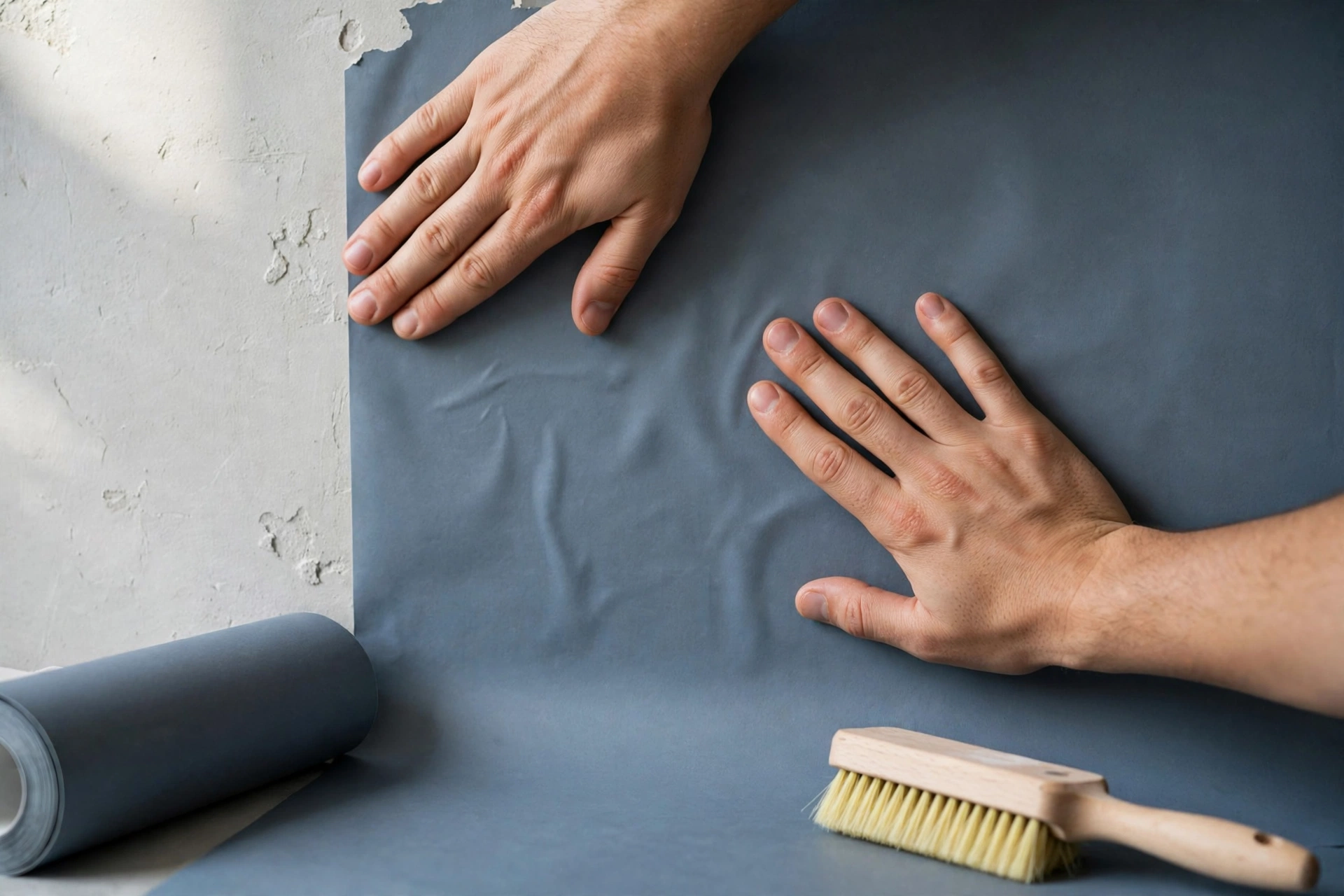 Smoothing a sheet of slate blue grey wallpaper onto a wall during hanging