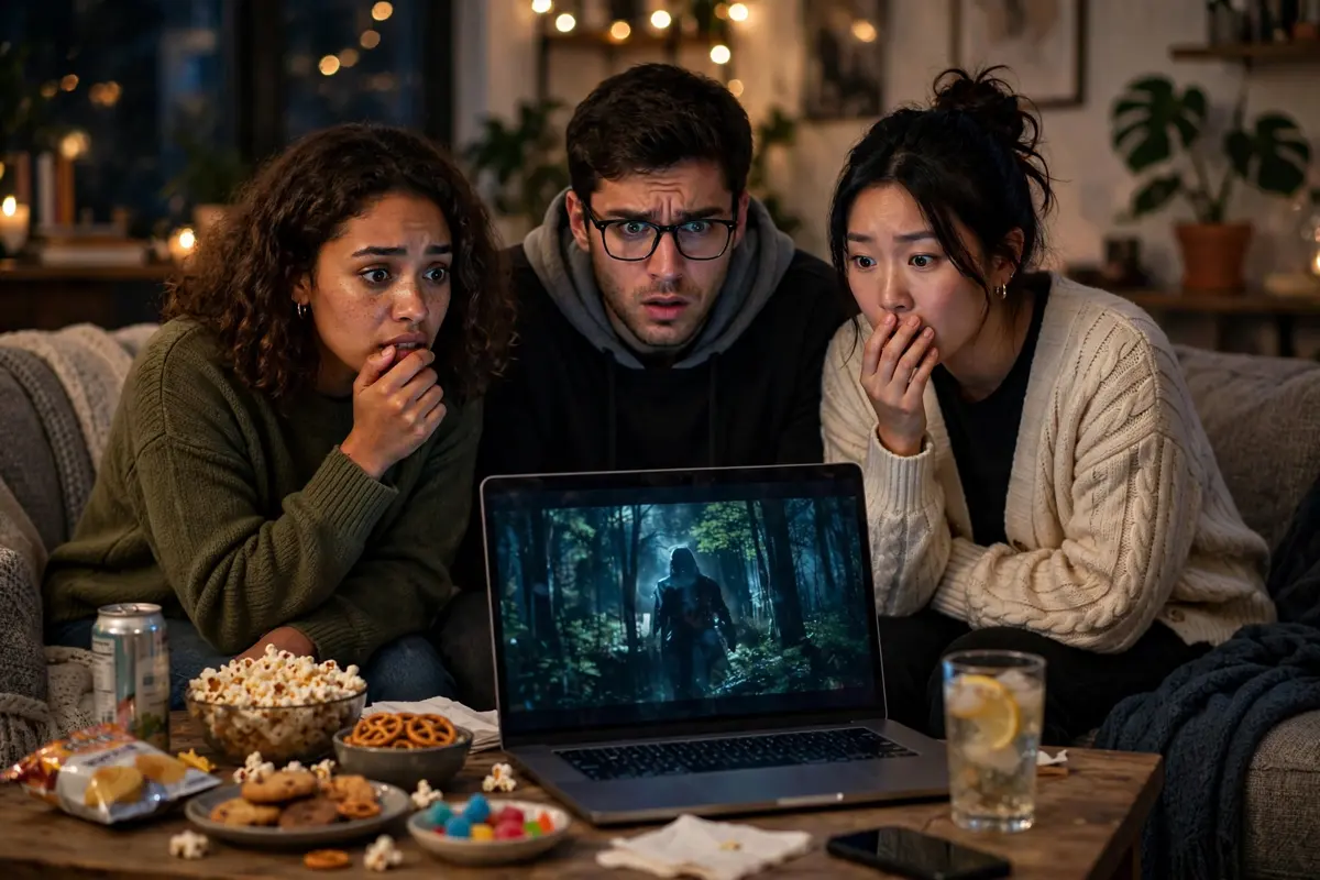Friends watching a thriller movie on Netflix at home