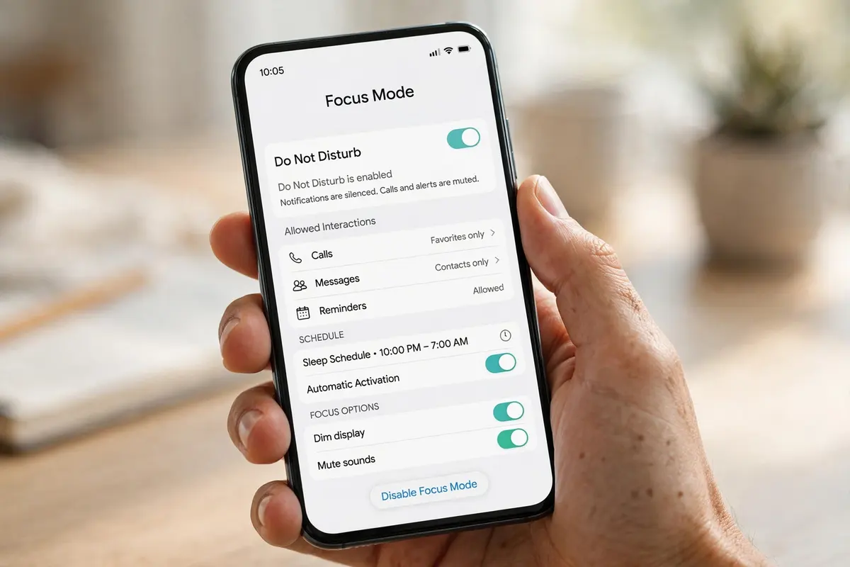 Phone Focus mode settings silencing notifications during work