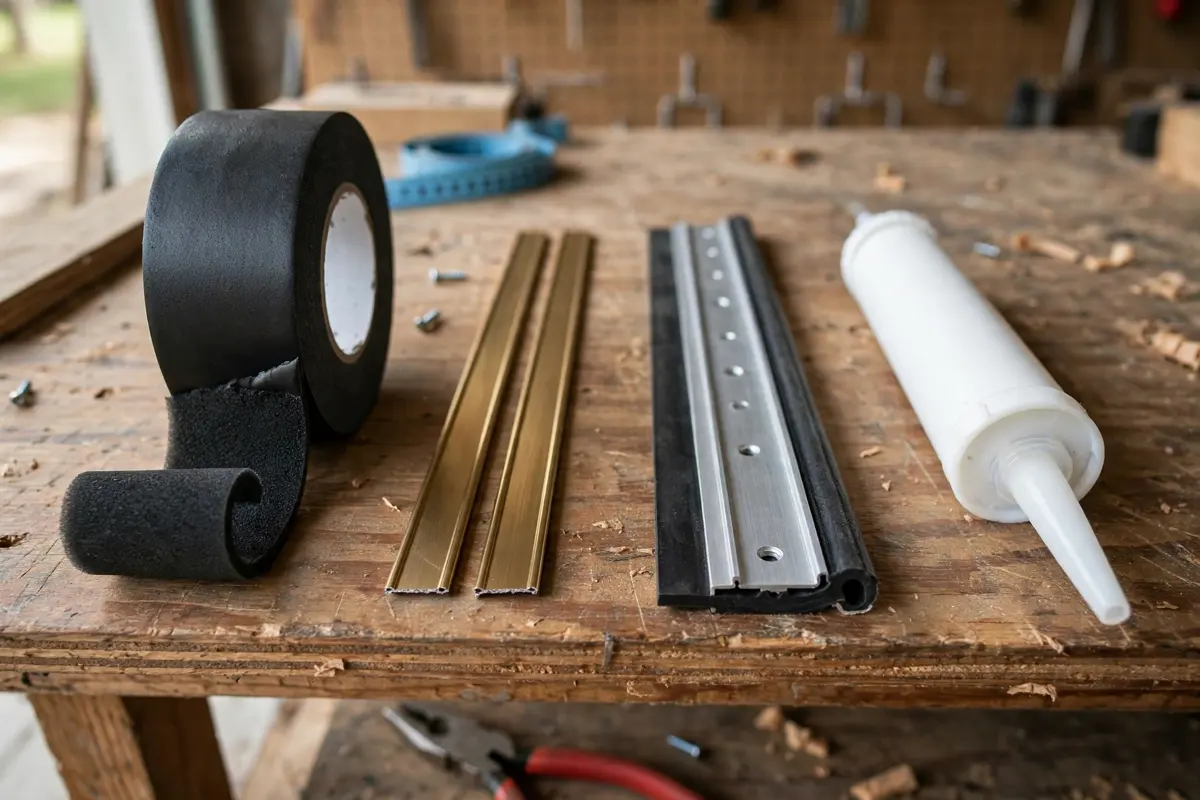 Different types of weatherstripping including foam tape, V-strip and door sweeps