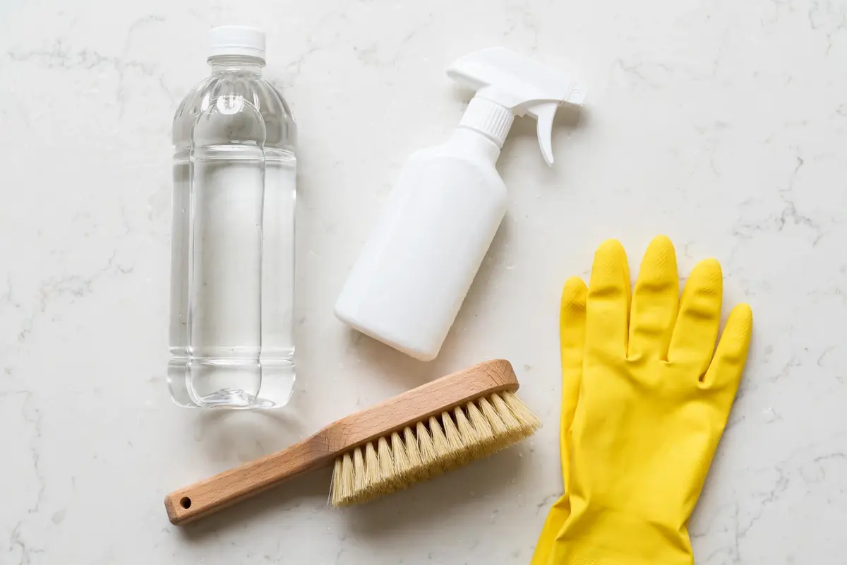 Supplies for cleaning mold with vinegar: spray bottle, gloves, brush and cloth