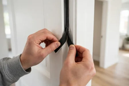 Installing foam weatherstripping tape around a door frame to seal drafts